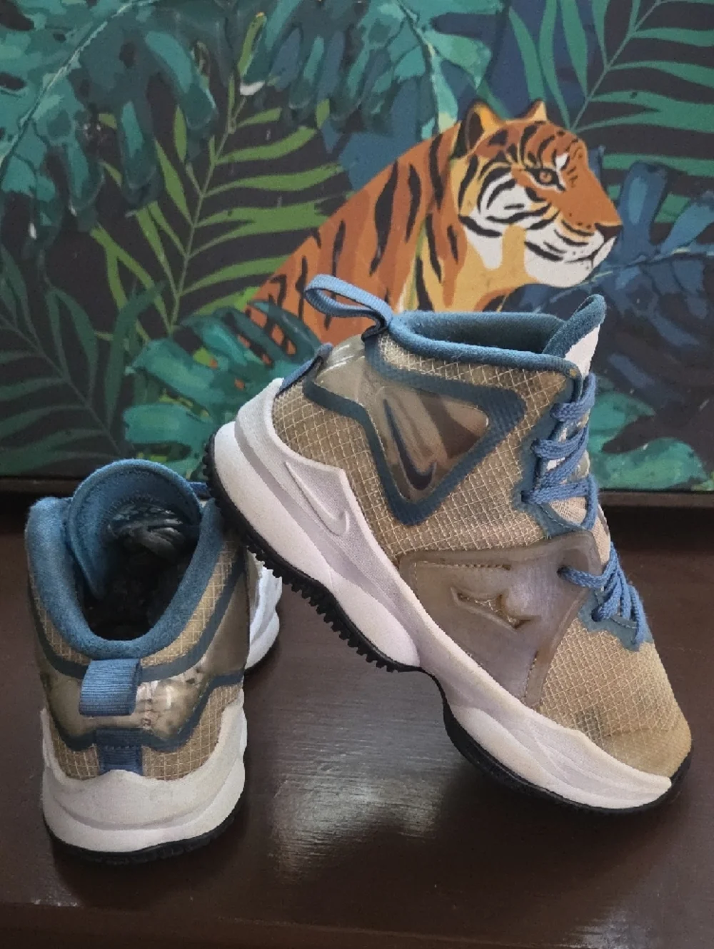 Nike Lebron James 19 Kids Tan and Blue Lace-Up Sneakers